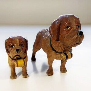 Vintage Wood Small Hand Carved St. Bernard Dogs With Barrels set of 2